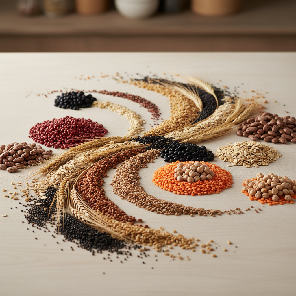 Abstrakte Komposition aus Getreide und Hülsenfrüchten