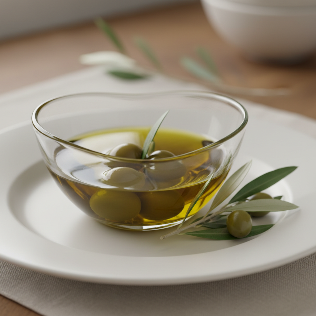 Nahaufnahme von Olivenöl in einer Glasschale mit weichem Licht