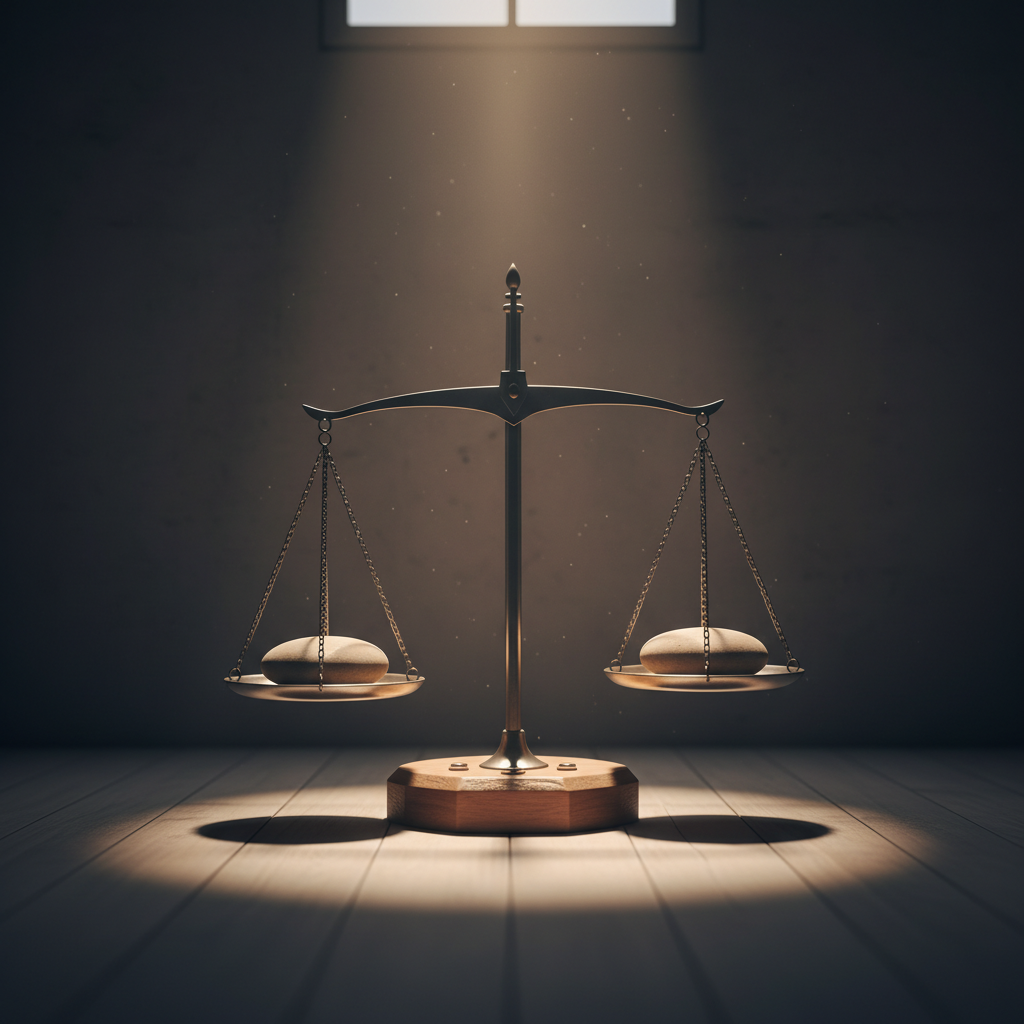Eine Waage in einem dunklen Raum, die Gleichgewicht symbolisiert